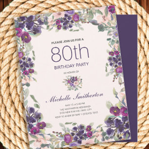 Invitation Aquarelle rose violet Floral 80e anniversaire