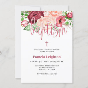 Invitation Aquarelle rose violet Floral Girl Baptême