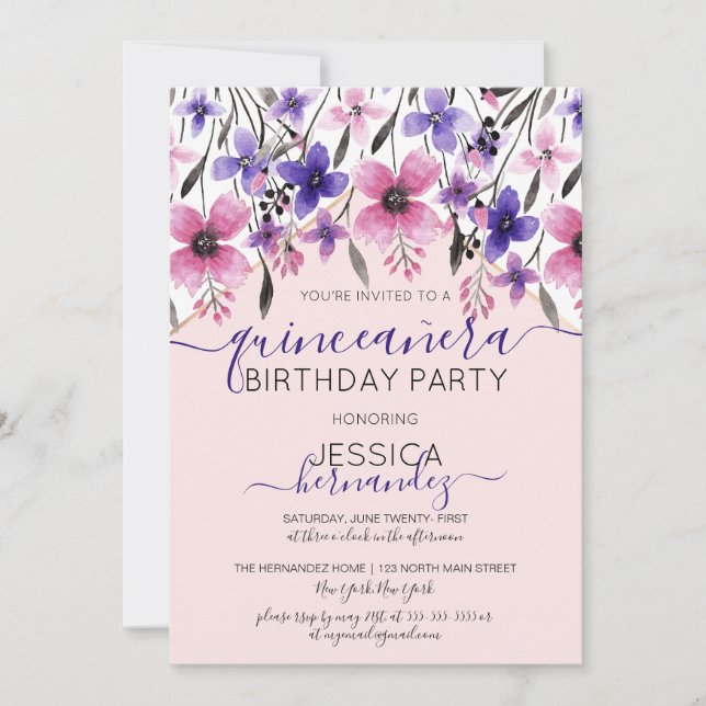 Invitation Aquarelle rose violet Floral Quinceañera (Devant)