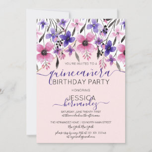 Invitation Aquarelle rose violet Floral Quinceañera