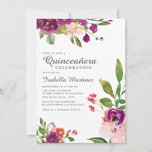 Invitation Aquarelle rose violet Floral Quinceañera (Devant)