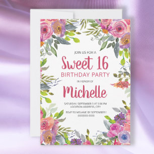 Invitation Aquarelle rose violet Floral Sweet 16 Anniversaire