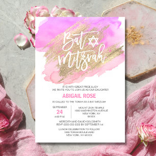 Invitation Aquarelle rose violet or BAT MITZVAH étoile David