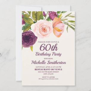 Invitation Aquarelle rose violet rose 60e anniversaire