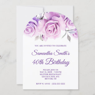 Invitation Aquarelle rose violet Roses Photo 40e anniversaire