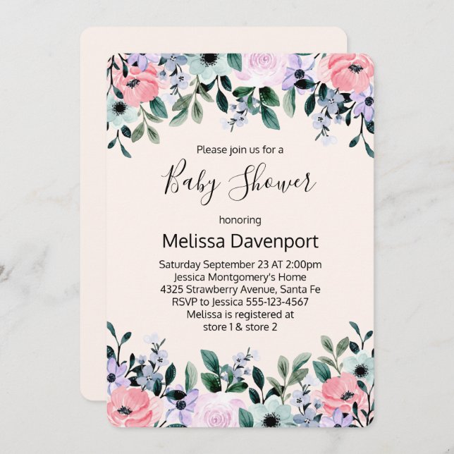Invitation Aquarelle rose violet vert Baby shower Floral (Devant / Derrière)