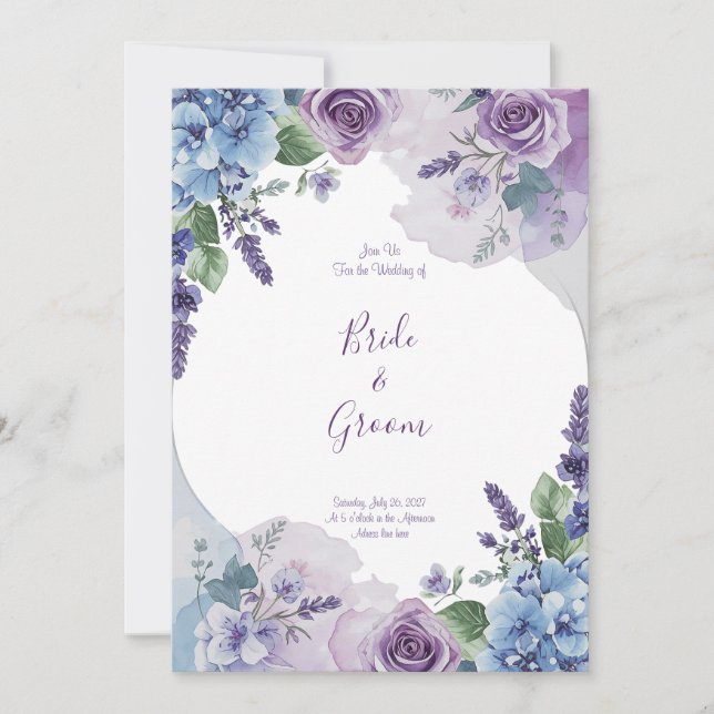 Invitation Aquarelle Rose Violette Hydrangea Bleue Couronne d (Devant)