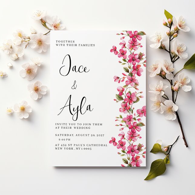 Invitation Aquarelle rose vive fleurs de fleurs Mariage (Watercolor bright pink blossom flowers Wedding )
