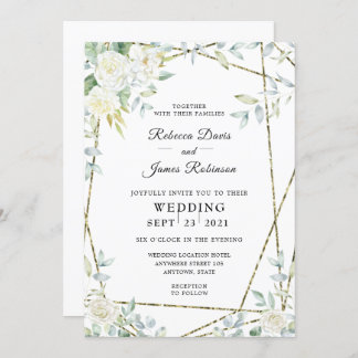 Invitation Aquarelle Roses blanches et Mariage de verdure