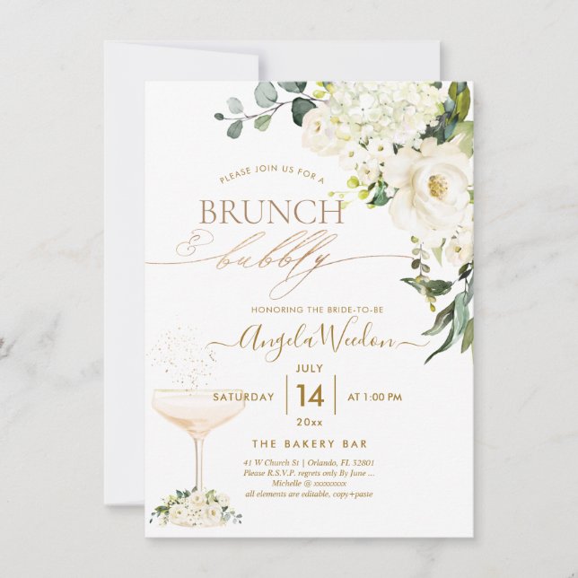 Invitation Aquarelle Roses d'Albâtre Brunch Pétillant (Devant)