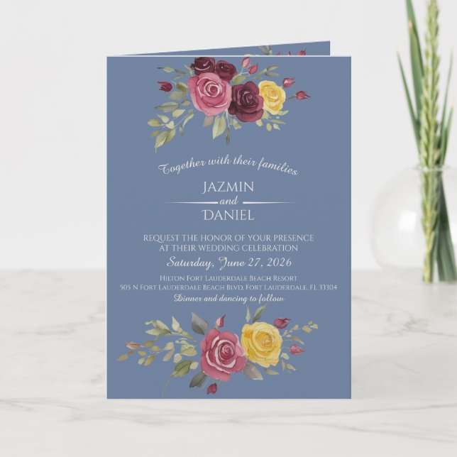 Invitation Aquarelle Roses de Bourgogne Bleu de Campagne (Devant)