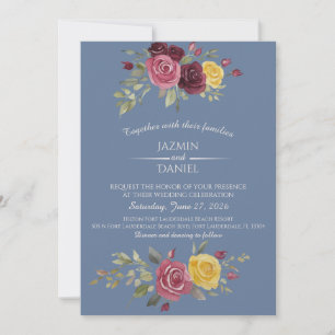 Invitation Aquarelle Roses de campagne de Bourgogne Rose Bleu