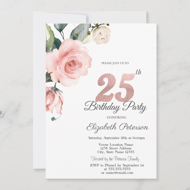 Invitation Aquarelle Roses Fardées 25e Anniversaire (Devant)