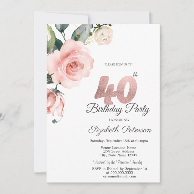 Invitation Aquarelle Roses Fardées 40e Anniversaire (Devant)