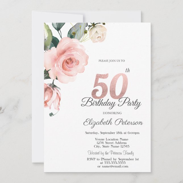 Invitation Aquarelle Roses Fardées 50e Anniversaire (Devant)