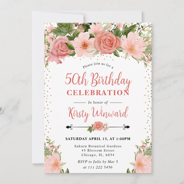 Invitation Aquarelle Roses Fleurs Roses 50e anniversaire (Devant)