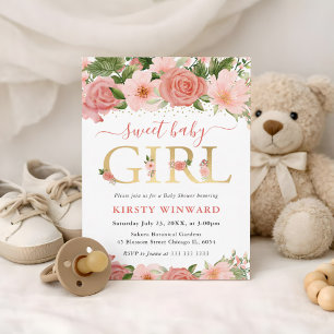Invitation Aquarelle Roses Fleurs Roses Bébé Shower