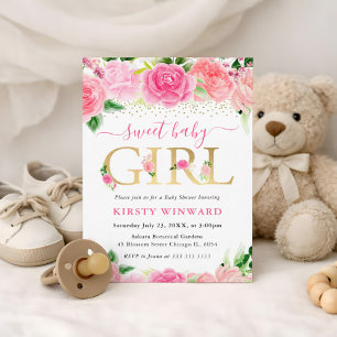Invitation Aquarelle Roses Fleurs Roses Bébé Shower