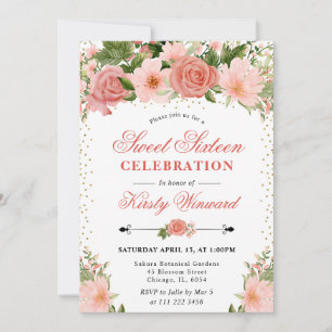Invitation Aquarelle Roses Fleurs Roses Roses Tendres 16 Ans