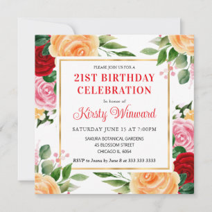 Invitation Aquarelle Roses Fleurs Rouges et Orange Anniversai