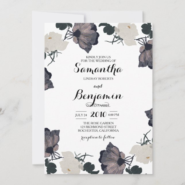 Invitation Aquarelle Roses noires et blanches (Devant)