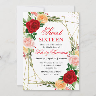 Invitation Aquarelle Roses Orange Rouge Cadre Sweet 16
