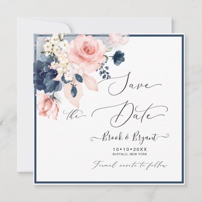 Invitation Aquarelle Roses Pâles Bleu Dusty (Devant)