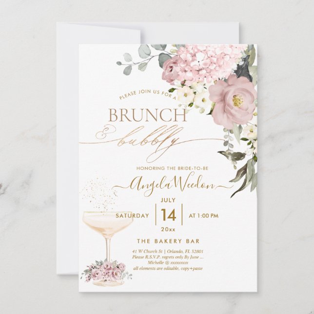 Invitation Aquarelle Roses Poussiéreuses Hydrangea Brunch Bub (Devant)
