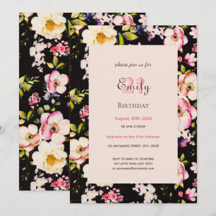 Invitation Aquarelle Roses rose et jaune sur Noir, Anniversai