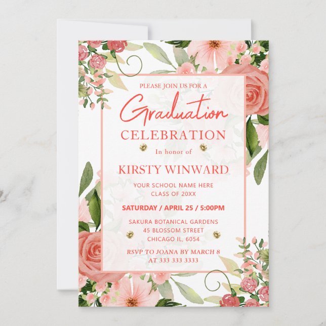 Invitation Aquarelle Roses rose et rouge Graduation (Devant)