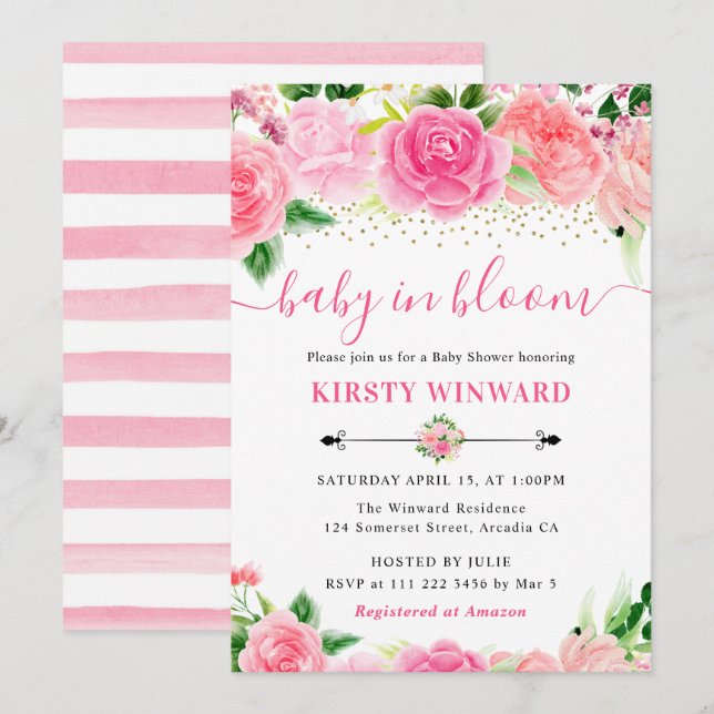 Invitation Aquarelle Roses roses Baby shower (Devant / Derrière)