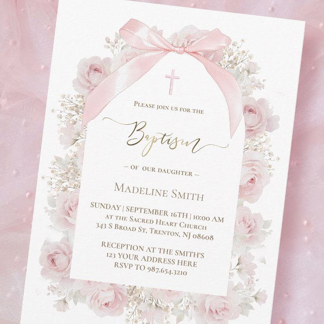 Invitation aquarelle roses roses Baptême (Créateur téléchargé)