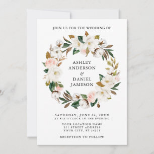Invitation Aquarelle Roses roses blanches Magnolias Wreath