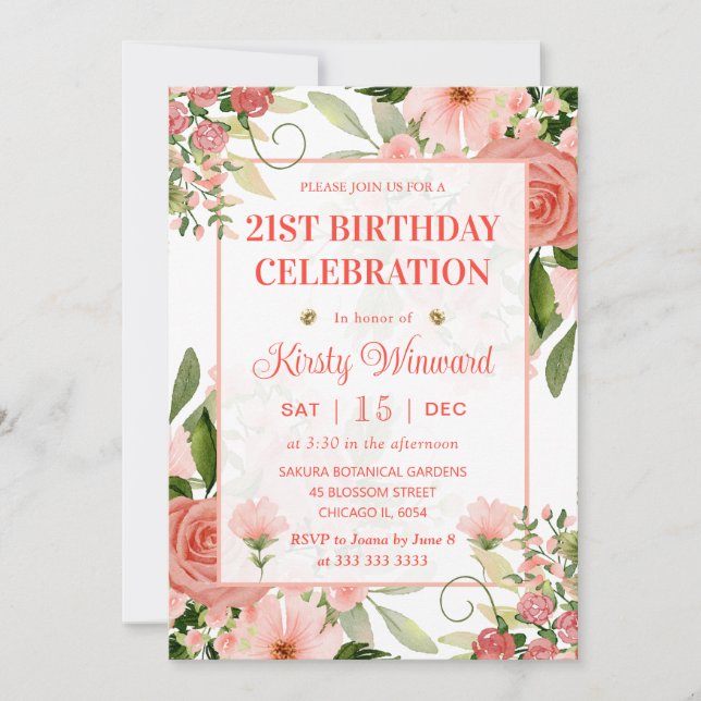 Invitation Aquarelle Roses Roses et Rouges Anniversaire (Devant)