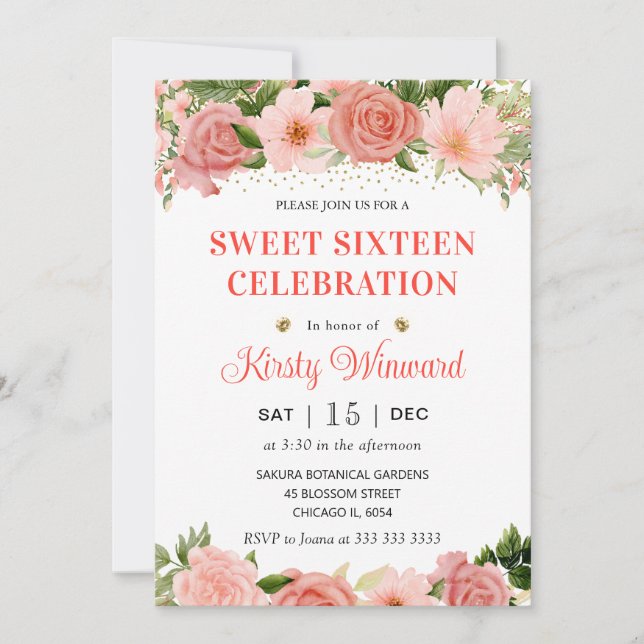 Invitation Aquarelle Roses Roses et Rouges Seize Ans (Devant)