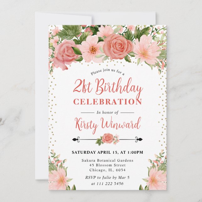 Invitation Aquarelle Roses roses Fleurs 21e anniversaire (Devant)