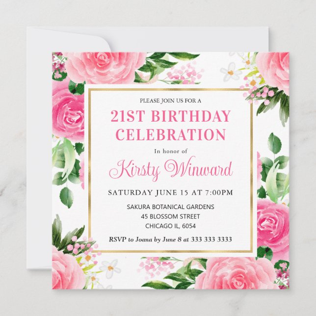 Invitation Aquarelle Roses Roses Fleurs d'été Anniversaire (Devant)
