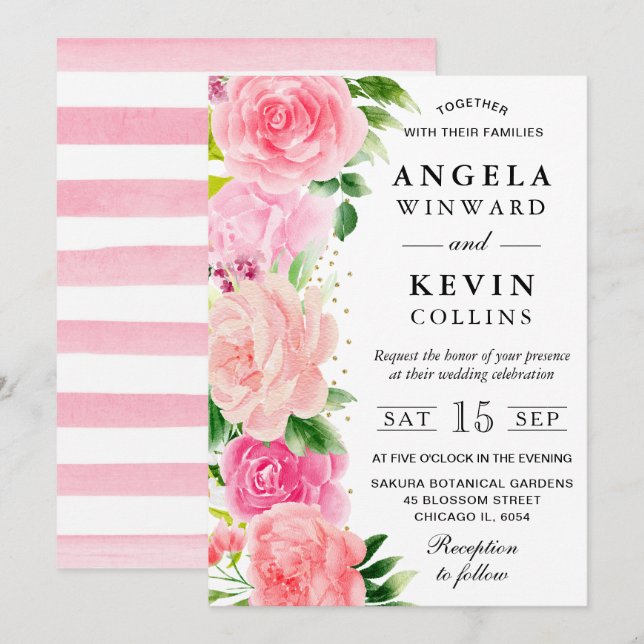Invitation Aquarelle Roses Roses Fleurs d'été Mariage (Devant / Derrière)