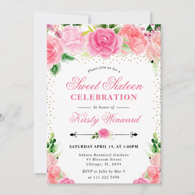 Invitation Aquarelle Roses roses Fleurs Photo Sweet 16 (Devant)