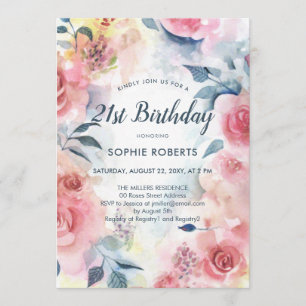 Invitation Aquarelle Roses roses Florales Romantique 21 Anniv