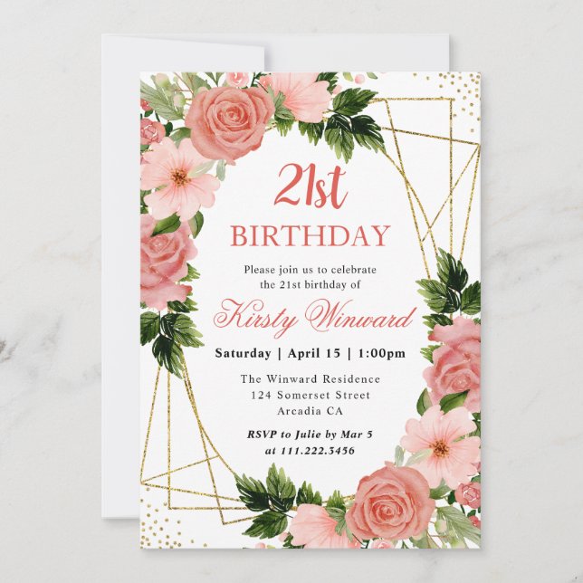 Invitation Aquarelle Roses Roses Foncé Cadre Doré 21e Anniver (Devant)