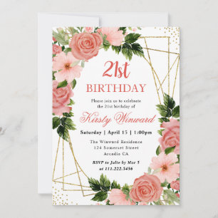Invitation Aquarelle Roses Roses Foncé Cadre Doré 21e Anniver