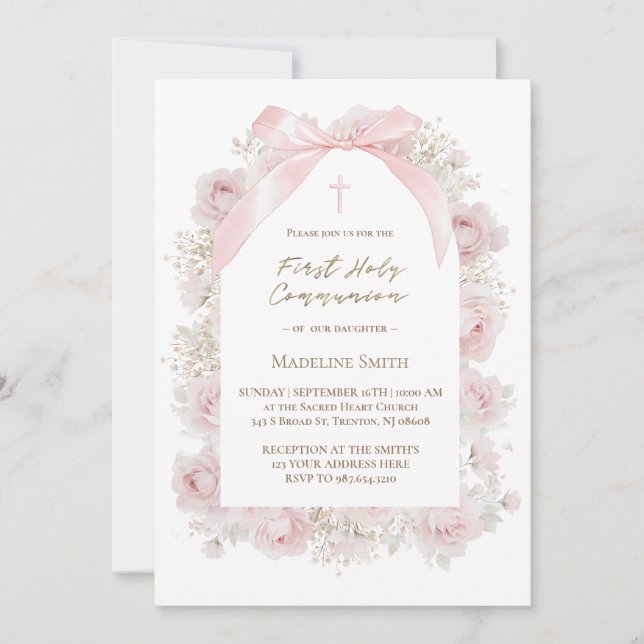 Invitation aquarelle roses roses roses First Communion (Devant)