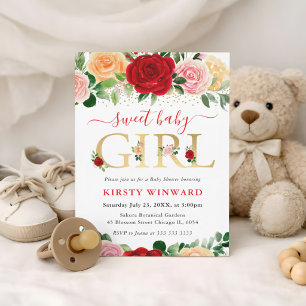 Invitation Aquarelle Roses Rouges et Jaunes Baby Shower