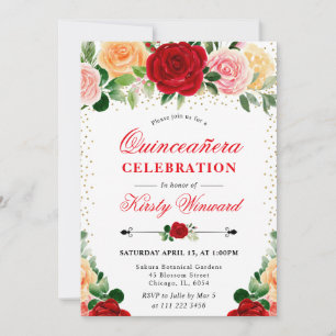 Invitation Aquarelle Roses Rouges et Jaunes Quinceanera
