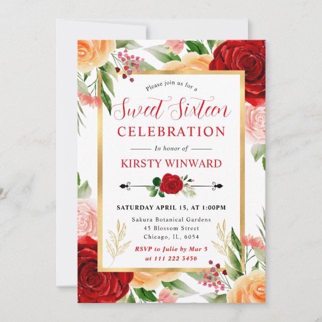 Invitation Aquarelle Roses Rouges et Orange Sweet 16 (Devant)