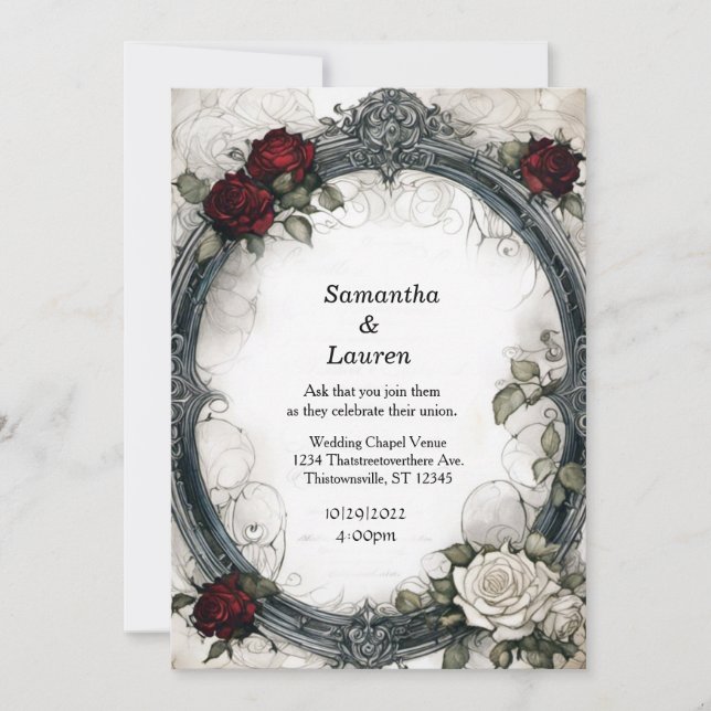 Invitation Aquarelle Roses rouges Mariage de goth encadré (Devant)