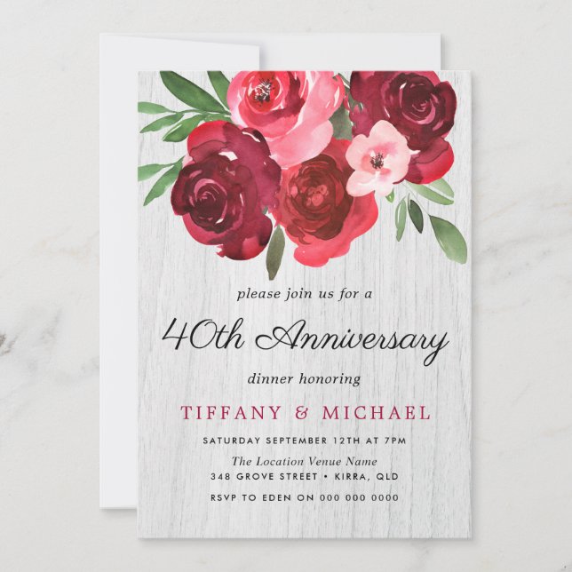 Invitation Aquarelle Roses Rouges Rustique 40ème Anniversaire (Devant)