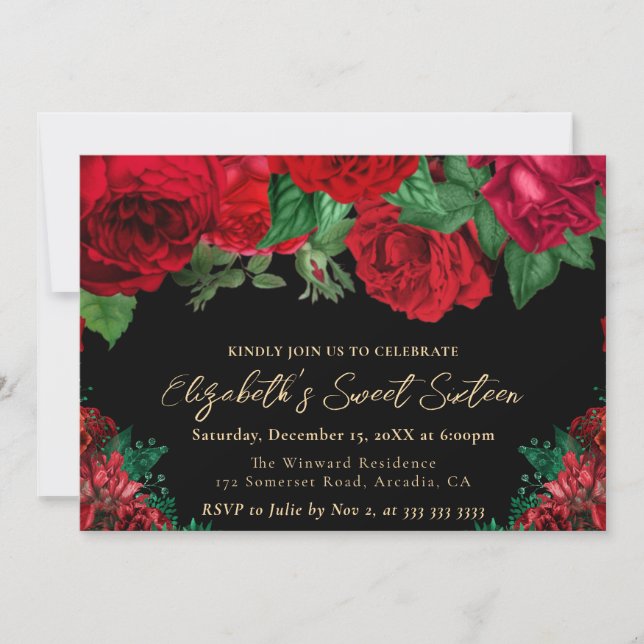 Invitation Aquarelle Roses rouges Sweet sixteen (Devant)
