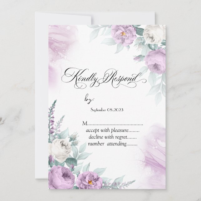 Invitation Aquarelle Roses Violettes Points à pois RSVP (Devant)